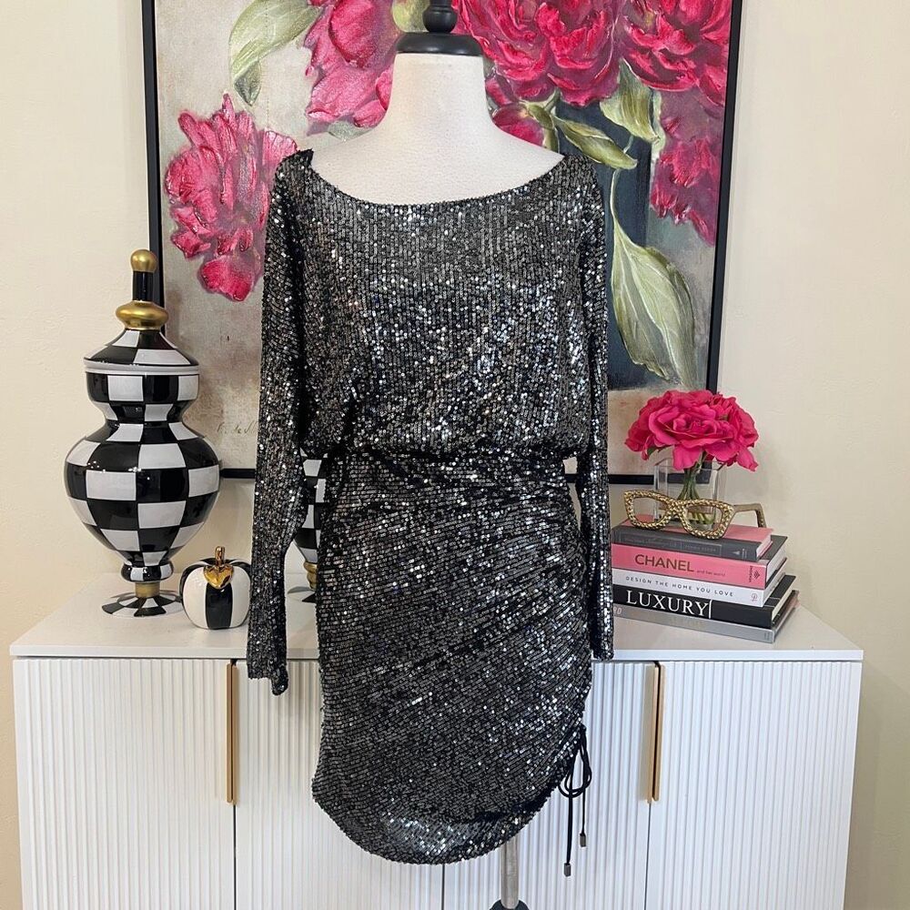 Free People Women's Giselle Drawstring Ruched Hem Sequin Mini Dress Black Small